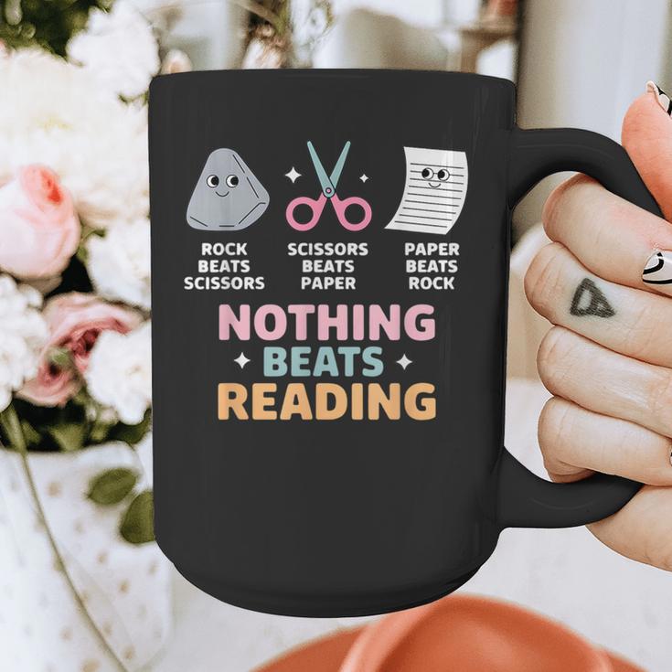 Rock Paper Scissors Teacher Librarian Nothing Beats Reading Graphic Print Coffee Mug, funny design