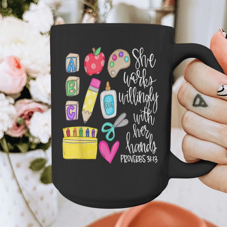 She Works Willingly With Her Hands Proverbs Daycare Teacher Men Women Graphic Print Coffee Mug, funny design She Works Willingly With Her Hands Proverbs Daycare Teacher Men Women Graphic Print Coffee Mug, funny design