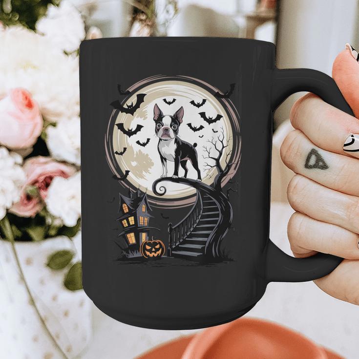 Spooky Halloween Moon Boston Terrier Boston Bull Bostie Graphic Print Coffee Mug, Boston Terrier Halloween Gifts, funny design
