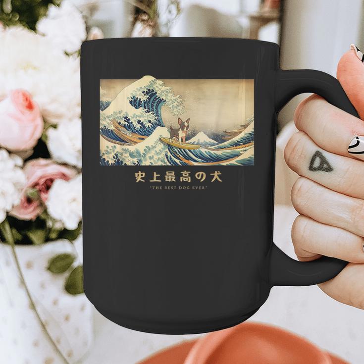Surfing Boston Terrier Kanagawa Wave Japanese Dog For Men Women Kids Graphic Print Coffee Mug, funny design