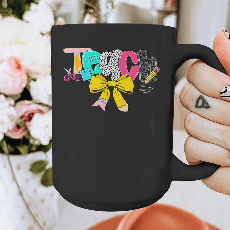 Teach Coquette Bow Teacher Back To School Happy First Day Graphic Print Coffee Mug, funny design Teach Coquette Bow Teacher Back To School Happy First Day Graphic Print Coffee Mug, funny design