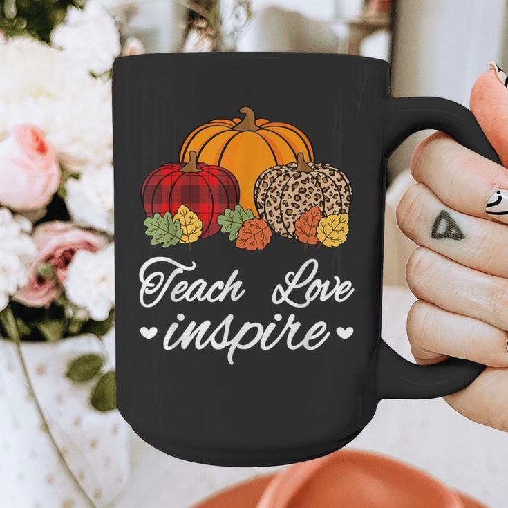 Teach Love Inspire Autumn Fall Plaid Leopard Pumpkin Teacher For Men Women Kids Graphic Print Coffee Mug, funny design