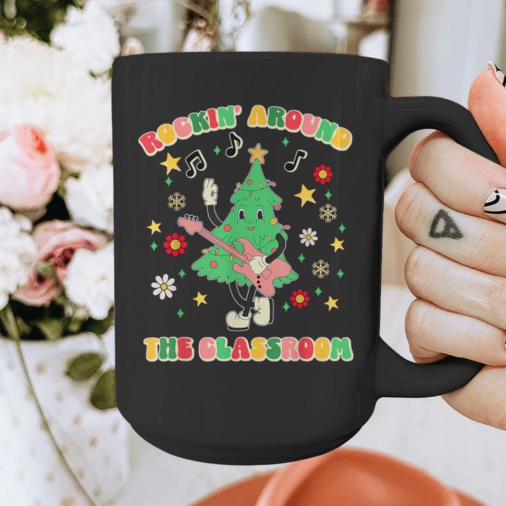 Teacher Christmas Shirts Pajama Matching Rockin' Around The Classroom -Adult Short Sleeve Small Modern Festive Christmas Teacher Xmas Vibes T-Shirt Graphic Print Coffee Mug, funny design
