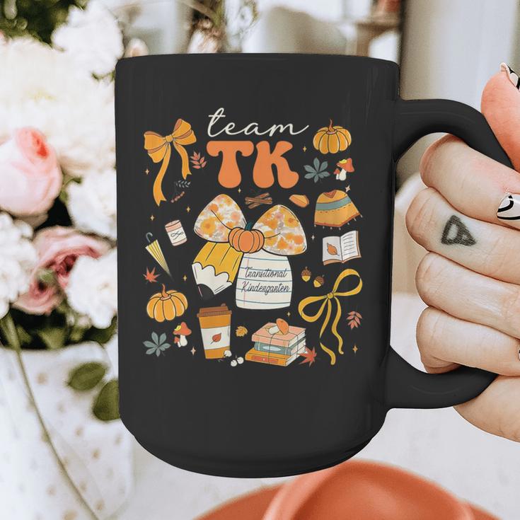 Team TK Crew Preppy Coquette Bow Pumpkin Fall TK Teacher Graphic Print Coffee Mug, funny design
