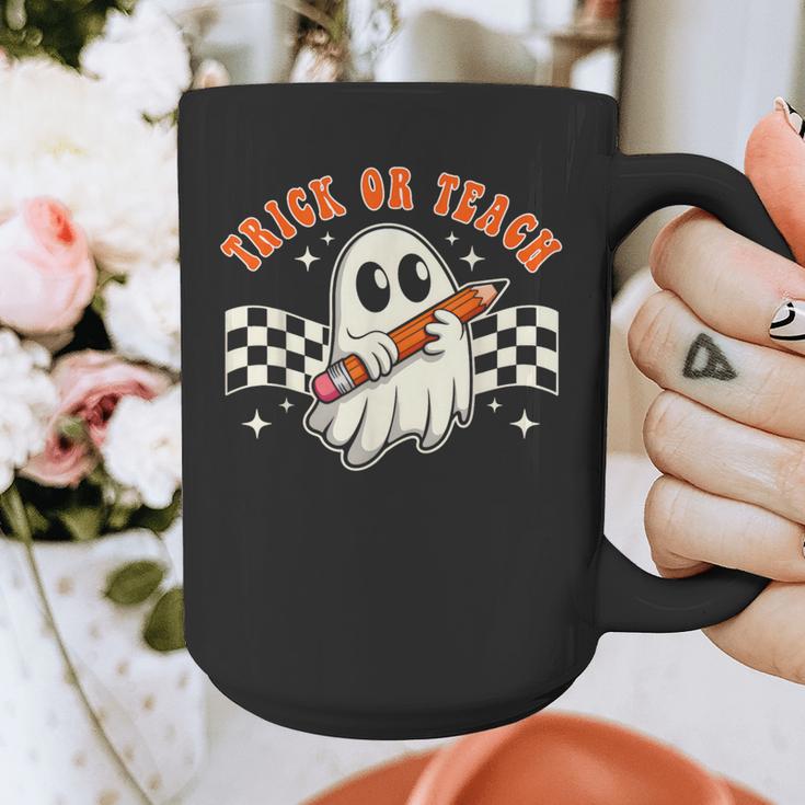 Trick Or Teach Groovy Retro Ghost Halloween Teacher Kids Graphic Print Coffee Mug, Groovy Teacher Gifts, funny design