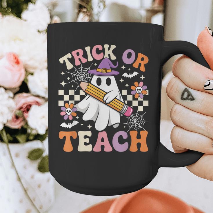 Trick Or Teach Groovy Teacher Halloween Retro Ghost Graphic Print Coffee Mug, Groovy Teacher Gifts, funny design