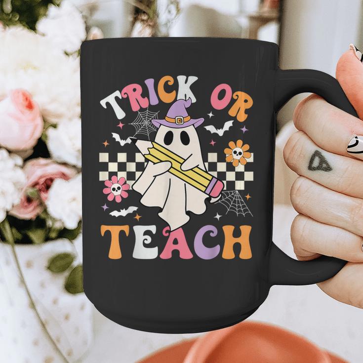 Trick Or Teach Groovy Teacher Halloween Retro Teacher Ghost Graphic Print Coffee Mug, Groovy Teacher Gifts, funny design