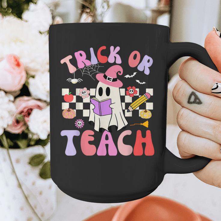 Trick Or Teach Halloween Teacher Floral Ghost Groovy Graphic Print Coffee Mug, Groovy Teacher Gifts, funny design
