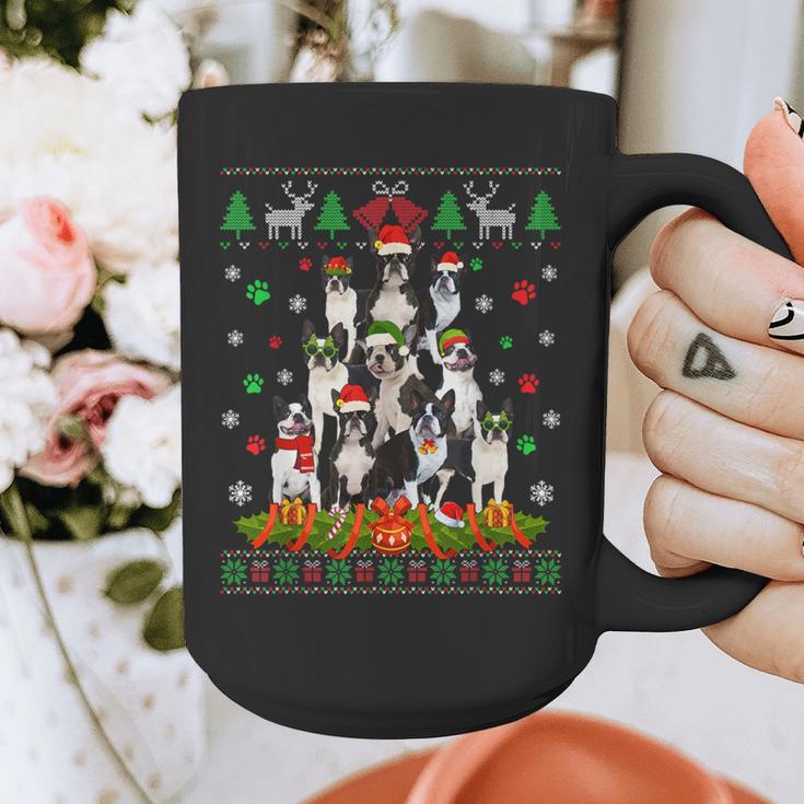 Ugly Sweater Christmas Tree Boston Terrier Dog Xmas Pajama Graphic Print Coffee Mug, Boston Terrier Christmas Gifts, funny design