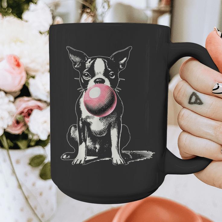 Vintage Boston Terrier Blowing Bubble Gum American Gentleman Graphic Print Coffee Mug, American Boston Terrier Gifts, funny design