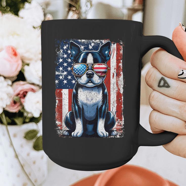 Vintage Boston Terrier Dog American USA US Flag Pets Lovers Graphic Print Coffee Mug, American Boston Terrier Gifts, funny design