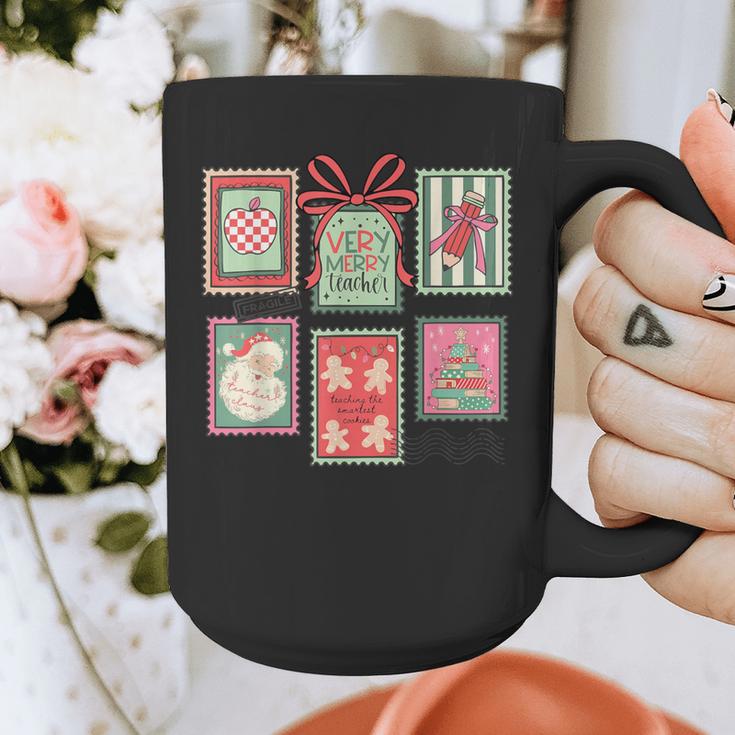 Vintage Preppy Very Merry Teacher Santa Stamps Christmas Graphic Print Coffee Mug, funny design