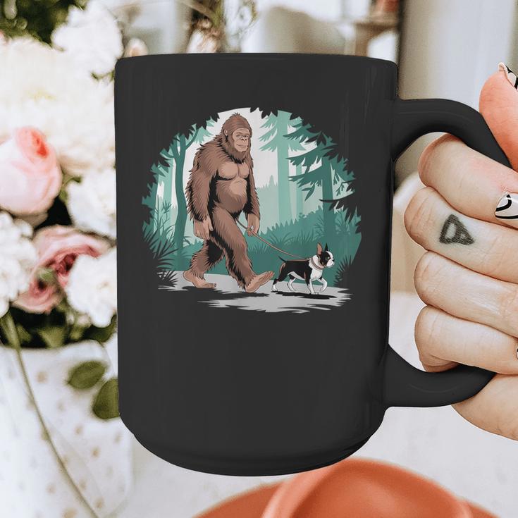 Whimsical Forest Adventures Sasquatch Bigfoot Walking Boston Terrier Dog Lovers Graphic Print Coffee Mug, funny design