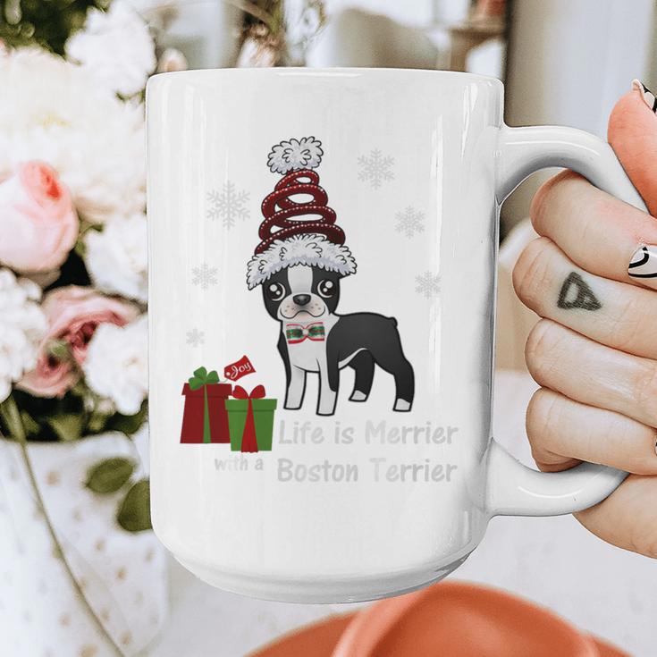 Boston Terrier Christmas T Shirt-Life Is Merrier Premium Tri-Blend Graphic Print Coffee Mug, Boston Terrier Christmas Gifts, funny design