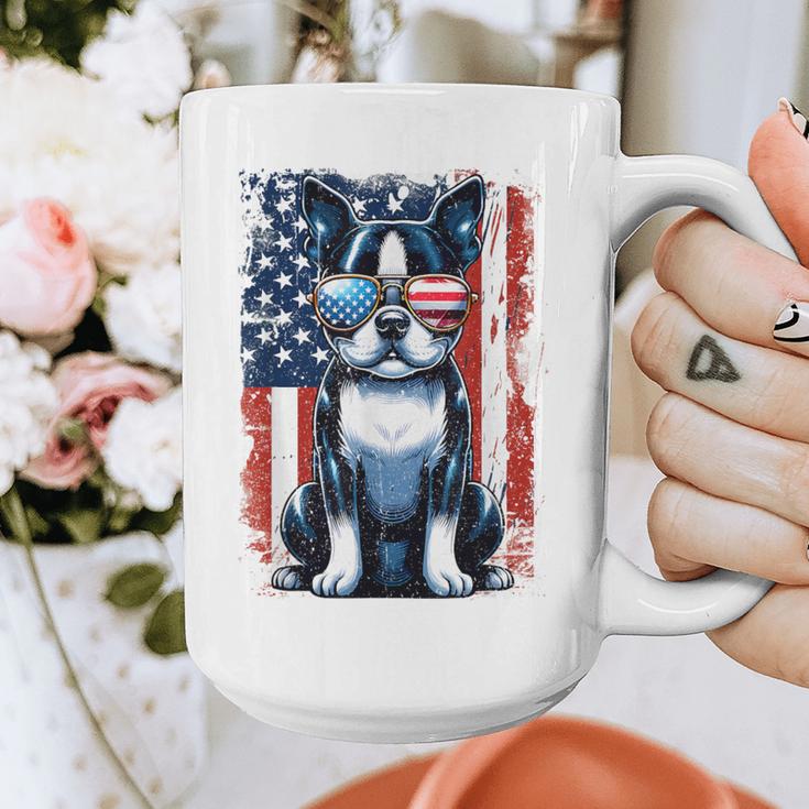 Boston Terrier Dog American USA US Flag Pets Vintage Outfit Graphic Print Coffee Mug, American Boston Terrier Gifts, funny design