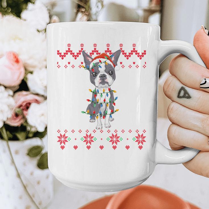 Boston Terrier Dog Santa Hat Men Kids Ugly Christmas Light Graphic Print Coffee Mug, Boston Terrier Christmas Gifts, funny design