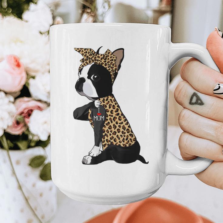 Boston Terrier Lover I Love Mom Tattoo Leopard Graphic Print Coffee Mug, Couple Gifts, Mom Gifts, Boston Terrier Mom Gifts, funny design