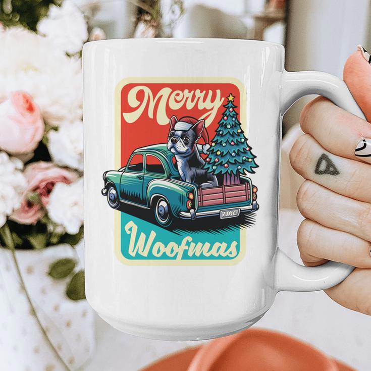 Boston Terrier Merry Christmas Tree Truck Santa Dog X-Mas Graphic Print Coffee Mug, Boston Terrier Christmas Gifts, funny design