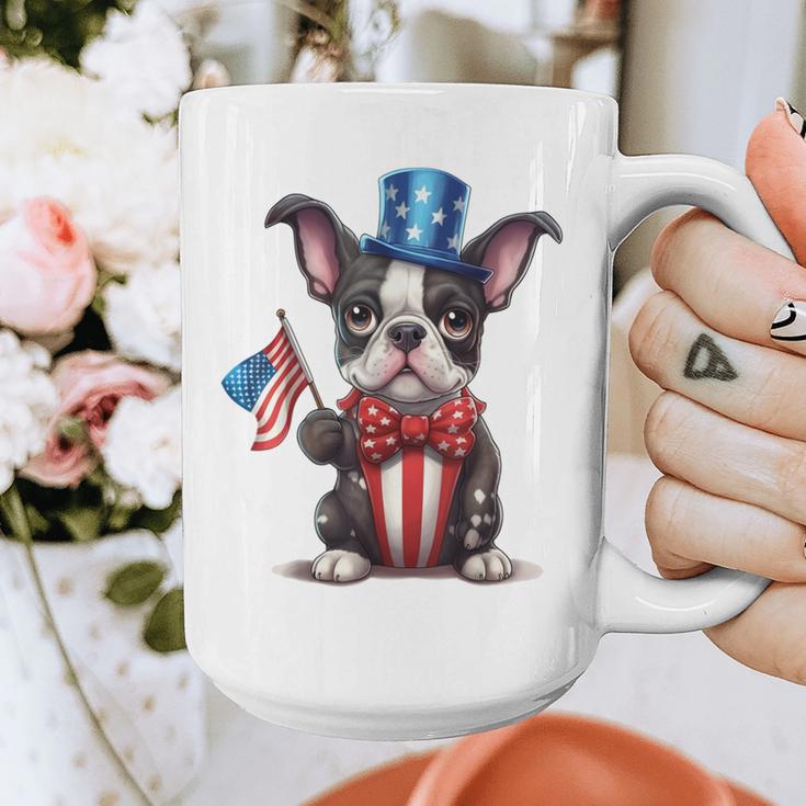 Boston Terrier Puppy Dog Holds His American Flag 4th Of July Graphic Print Coffee Mug, American Boston Terrier Gifts, Boston Terrier 4th Of July Gifts, funny design