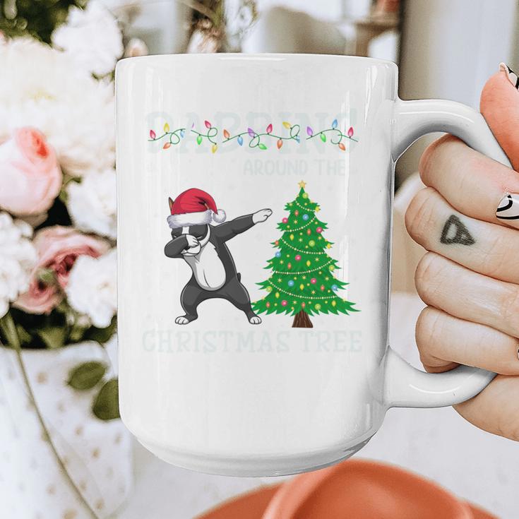 Boston Terrier Santa Hat Dabbing Around The Christmas Tree Graphic Print Coffee Mug, Boston Terrier Christmas Gifts, funny design