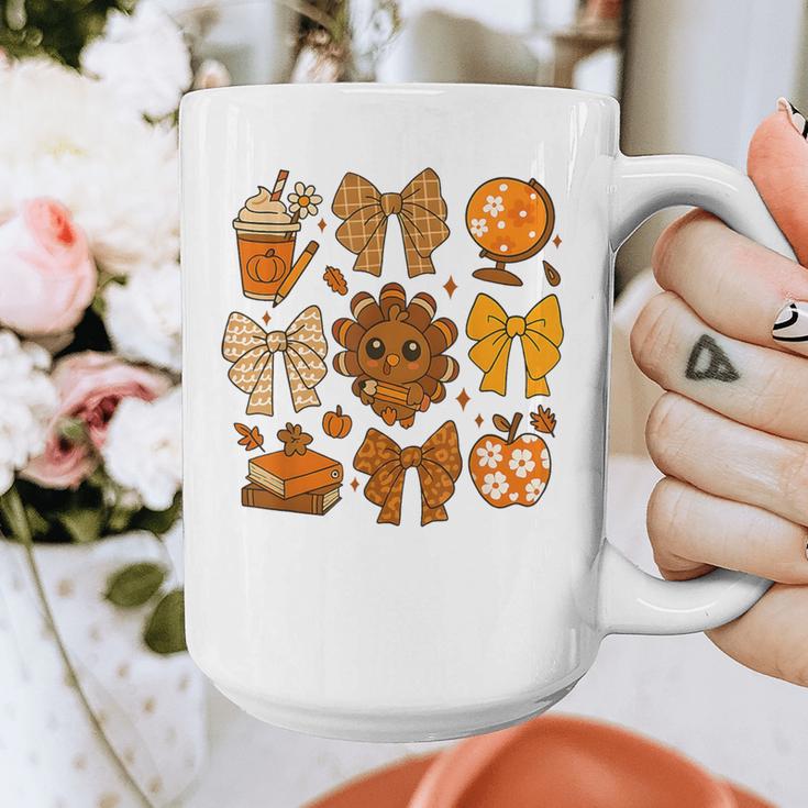 Coquette Teach Teacher Bows Thanksgiving Turkey Fall Autumn Graphic Print Coffee Mug, funny design