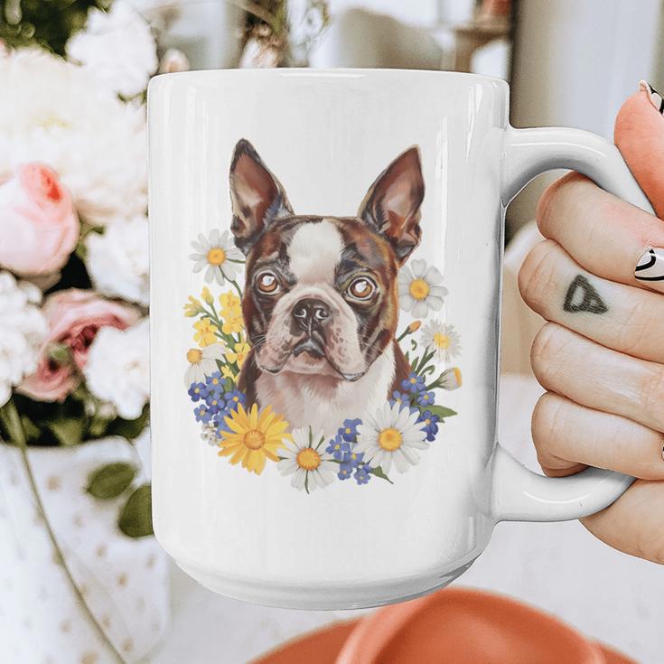 Floral Boston Terrier Graphic Print Coffee Mug, funny design