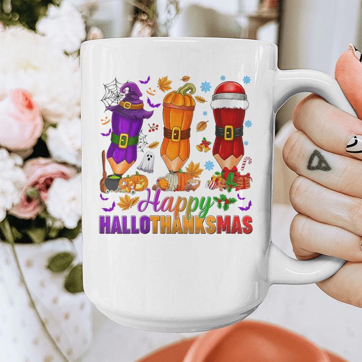 Happy Hallothanksmas Halloween Thanksgiving Pencils Teachers Graphic Print Coffee Mug, funny design