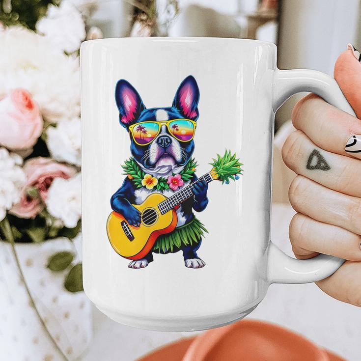 Hawaiian Boston Terrier & Pineapple Ukulele Summer Vacation Graphic Print Coffee Mug, funny design