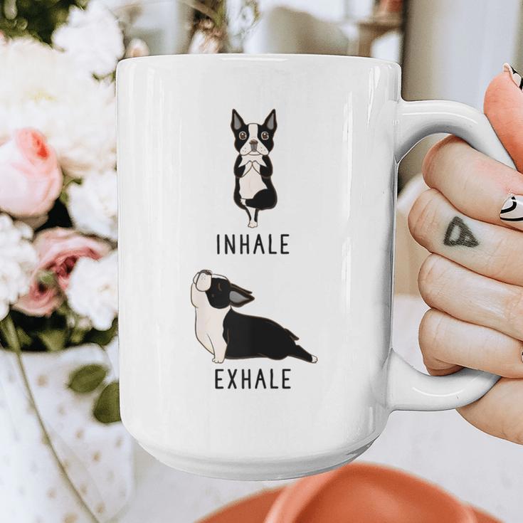 Inhale Exhale Yoga Boston Terrier Tshirt Graphic Print Coffee Mug, funny design