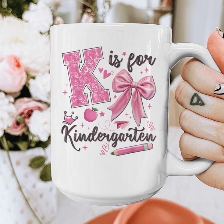 K Is For Kindergarten Teacher Coquette Bow Back To School Graphic Print Coffee Mug, funny design K Is For Kindergarten Teacher Coquette Bow Back To School Graphic Print Coffee Mug, funny design