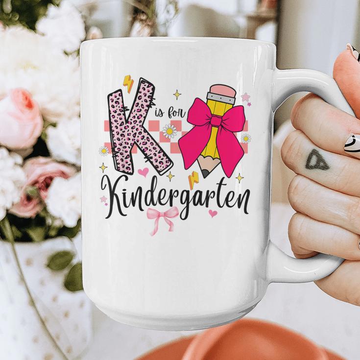 K Is For Kindergarten Teacher Coquette Bow Back To School Graphic Print Coffee Mug, funny design K Is For Kindergarten Teacher Coquette Bow Back To School Graphic Print Coffee Mug, funny design