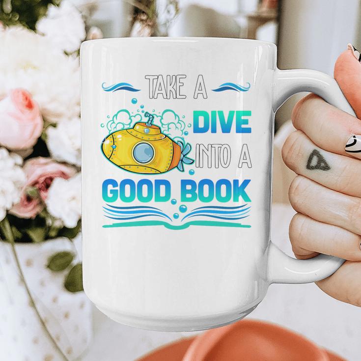 Librarian Teacher Dive Into A Good Book Reading Premium Tri-Blend Graphic Print Coffee Mug, funny design