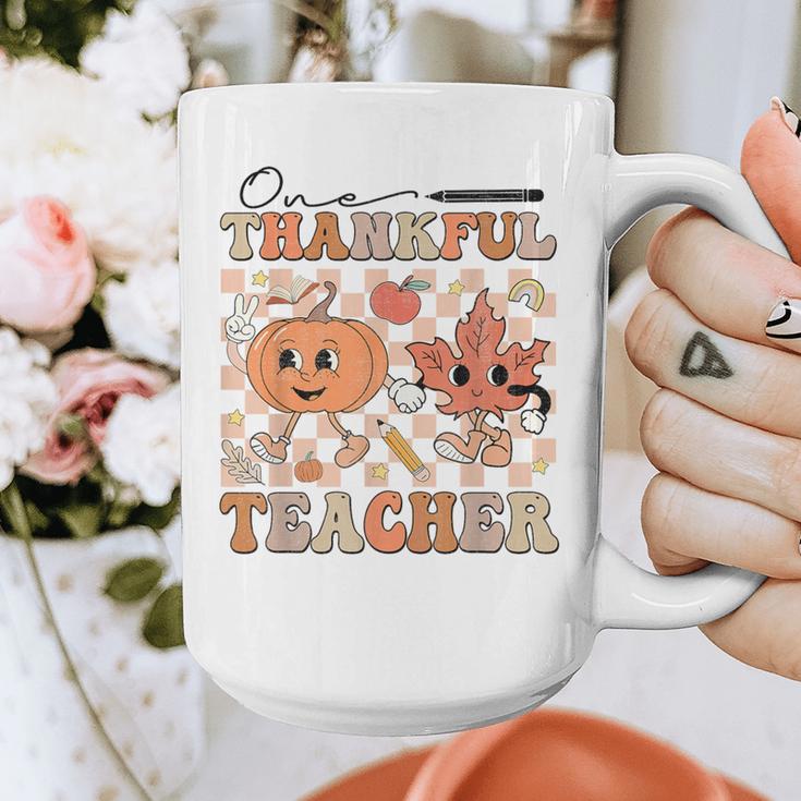 One Thankful Teacher Thanksgiving Groovy Fall Autumn Teacher Graphic Print Coffee Mug, Groovy Teacher Gifts, funny design