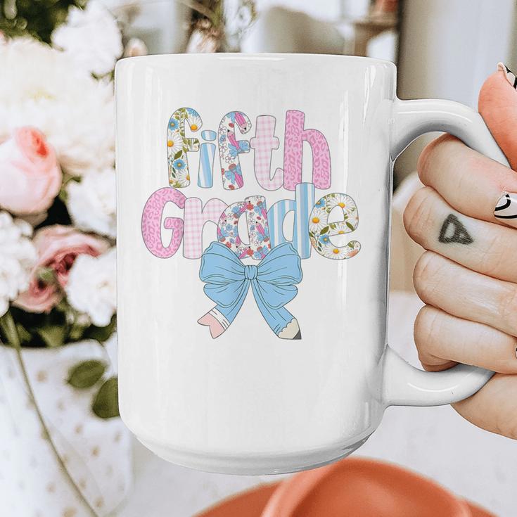 Preppy Fifth Grade Teacher Blue Floral Coquette Pencil Bow Graphic Print Coffee Mug, funny design Preppy Fifth Grade Teacher Blue Floral Coquette Pencil Bow Graphic Print Coffee Mug, funny design