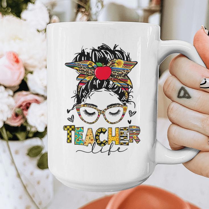 Teacher Life Messy Bun Glasses Leopard Sunflower Graphic Print Coffee Mug, funny design