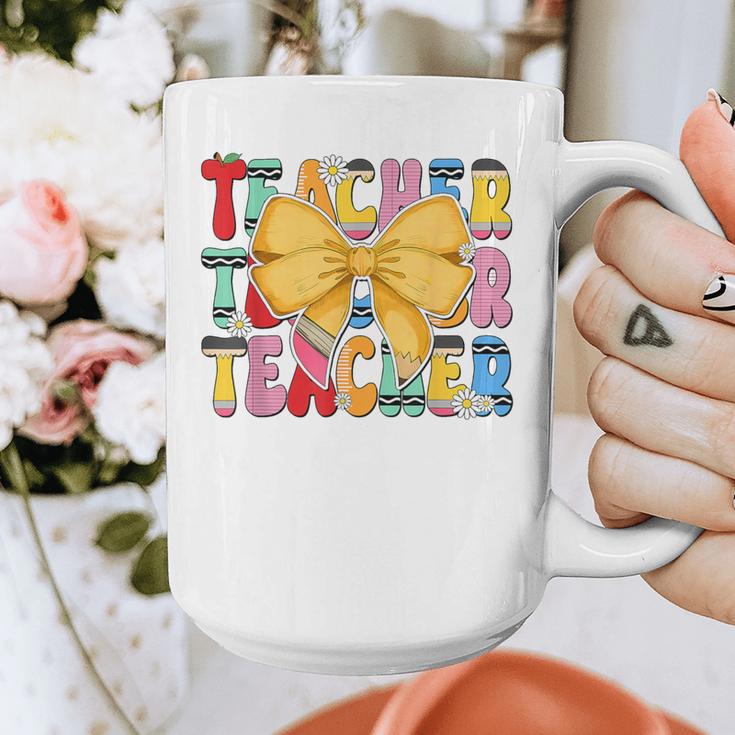 Teacher Pencil Coquette Bow Back To School Teacher Graphic Print Coffee Mug, funny design