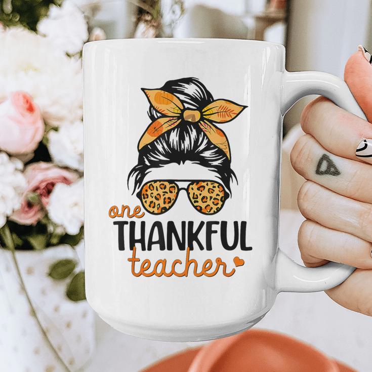 Thanksgiving Shirt Teacher Women Messy Bun Thankful Teacher Graphic Print Coffee Mug, funny design