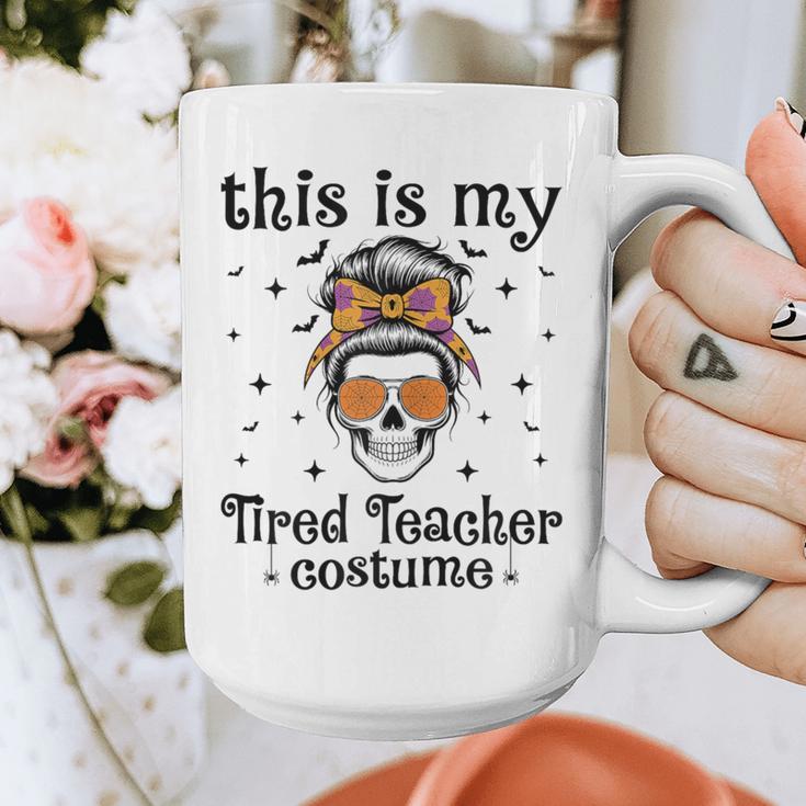 This Is My Tired Teacher Costume Skull Halloween Messy Bun Graphic Print Coffee Mug, funny design