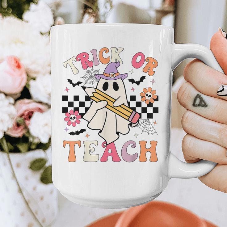 Trick Or Teach Groovy Teacher Halloween Retro Floral Ghost Graphic Print Coffee Mug, Groovy Teacher Gifts, funny design