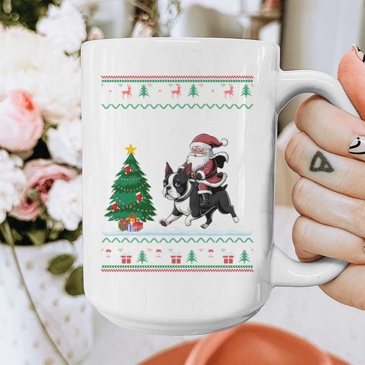 Ugly Christmas Tree Lights Xmas Santa Riding Boston Terrier Graphic Print Coffee Mug, Boston Terrier Christmas Gifts, Boston Terrier Riding Gifts, funny design