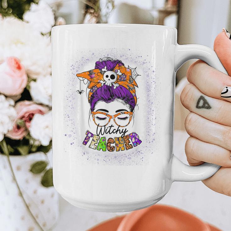 Witchy Teacher Halloween Messy Bun Teacher Bleached Graphic Print Coffee Mug, funny design Witchy Teacher Halloween Messy Bun Teacher Bleached Graphic Print Coffee Mug, funny design