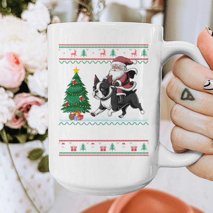 Xmas Tree Lighting Santa Riding Boston Terrier Christmas Graphic Print Coffee Mug, Boston Terrier Christmas Gifts, Boston Terrier Riding Gifts, funny design