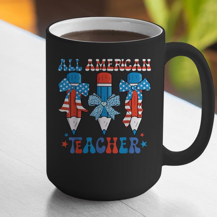 All American Teacher Pencil Coquette Bow USA Flag Teachers Graphic Print Coffee Mug, funny gift
