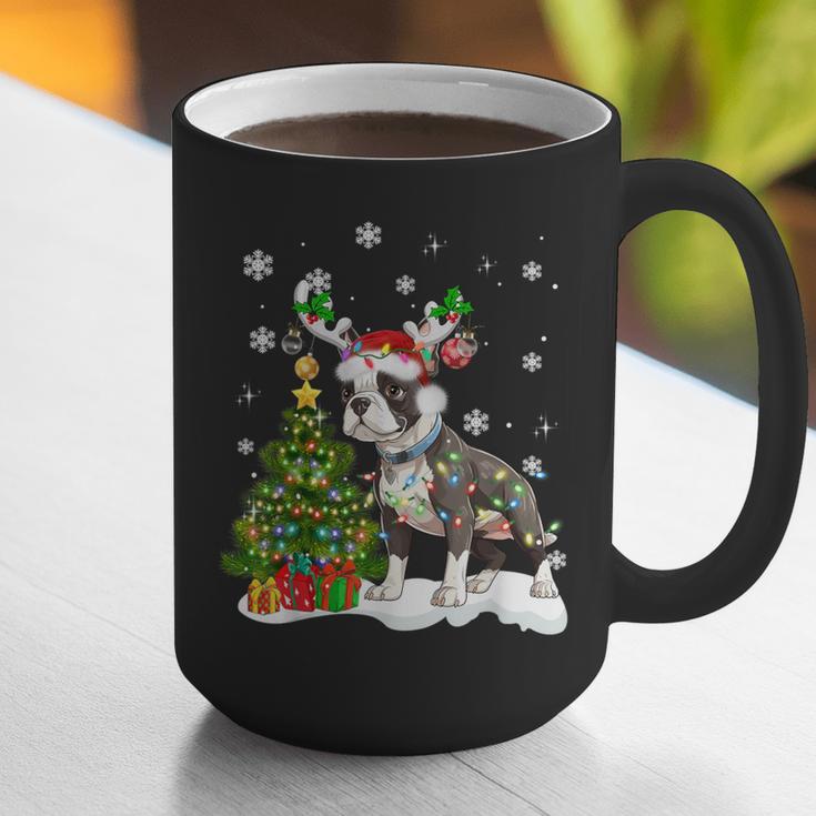 Boston Terrier Christmas Tree Lights Santa Hat Graphic Print Coffee Mug, Boston Terrier Christmas Mugs, funny gift