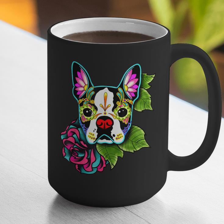 Boston Terrier In Day Of The Dead Sugar Skull Dog Graphic Print Coffee Mug, funny gift