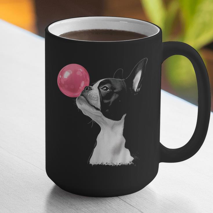 Boston Terrier Dog Blowing Chewing Bubble Gum Pink Graphic Print Coffee Mug, funny gift