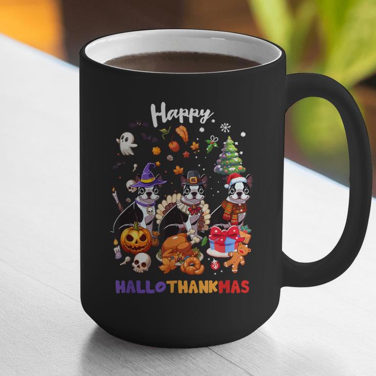 Boston Terrier Dog Christmas Happy Hallothankmas Halloween For Men Women Kids Graphic Print Coffee Mug, Boston Terrier Christmas Mugs, Boston Terrier Halloween Mugs, funny gift