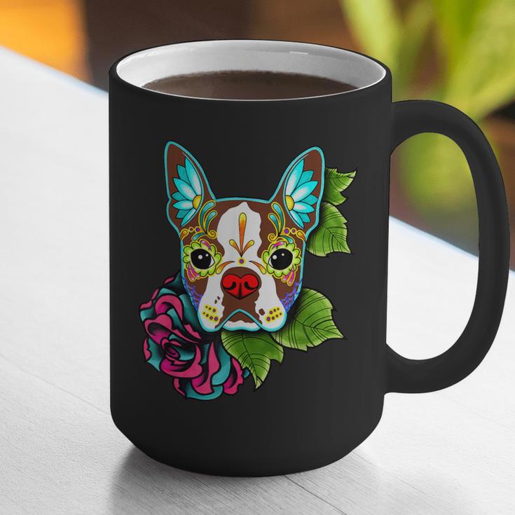 Boston Terrier In Red Day Of The Dead Sugar Skull Dog Graphic Print Coffee Mug, funny gift
