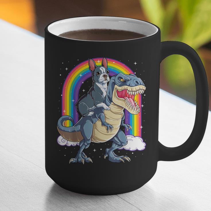 Boston Terrier Riding Dinosaur T-Rex Boys Kids Rainbow Graphic Print Coffee Mug, Boston Terrier Riding Mugs, funny gift