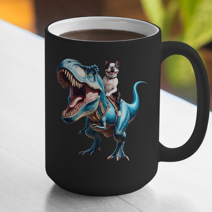 Boston Terrier Riding T-Rex Dinosaur Dog Lover Graphic Print Coffee Mug, Boston Terrier Riding Mugs, funny gift